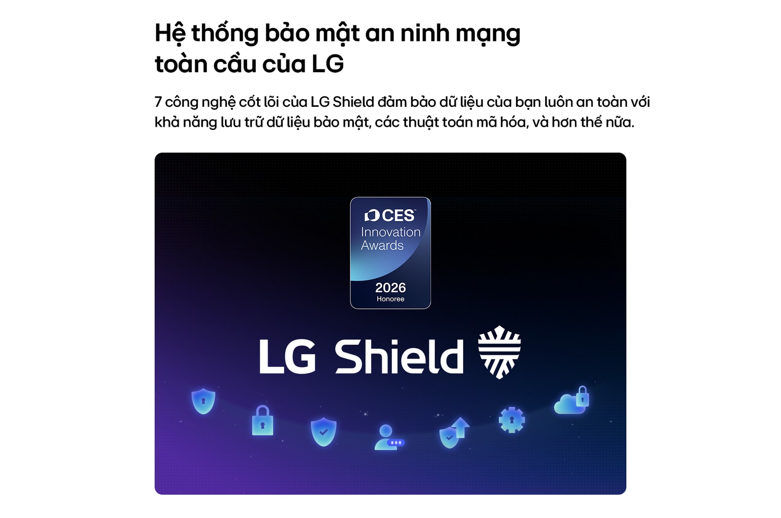 LG Shield, applied to LG OLED evo AI G6, is shown with an LG Shield logo at the center, security icons below, and a 2026 CES Innovation Awards Honoree badge above, representing data and system protection.